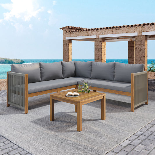 Gigab2b original image - Gartenmöbel-Set, Ecksofa + Couchtisch, Akazienrahmen, Akazientischplatte, geflochtenes Seilhandwerk, geeignet für den Garten, Grau