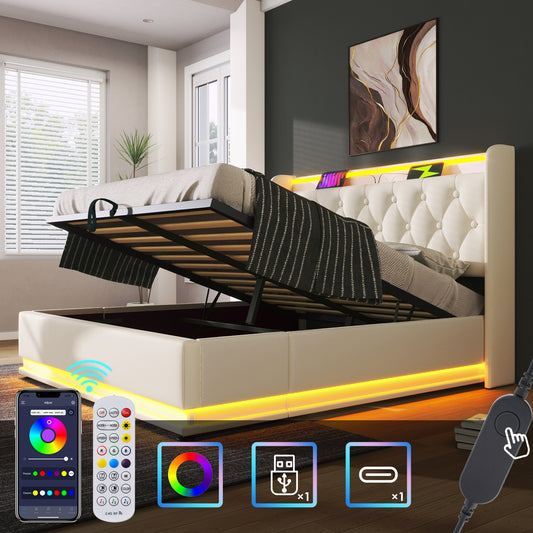 Gigab2b original image - Polsterbett Doppelbett, 360-Surround-LED-Funktion, Drucktaste/App/Fernbedienung, 180*200 cm, weiß PU-Material Hydraulisches Lagerbett, gepolstertes Kopfteil mit USB Typ-C Ladefunktion (Ohne Matratze)