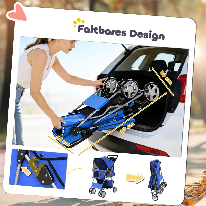 Foldable Blue Pet Stroller with Rain Cover and Reflectors