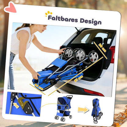 Foldable Blue Pet Stroller with Rain Cover and Reflectors
