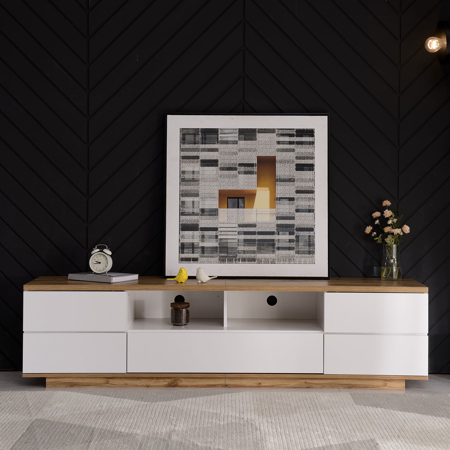 Gigab2b original image - Moderner Farbblock-TV-Schrank in weißer Ausführung, TV-Schrank mit Holzmaserung, 180 cm