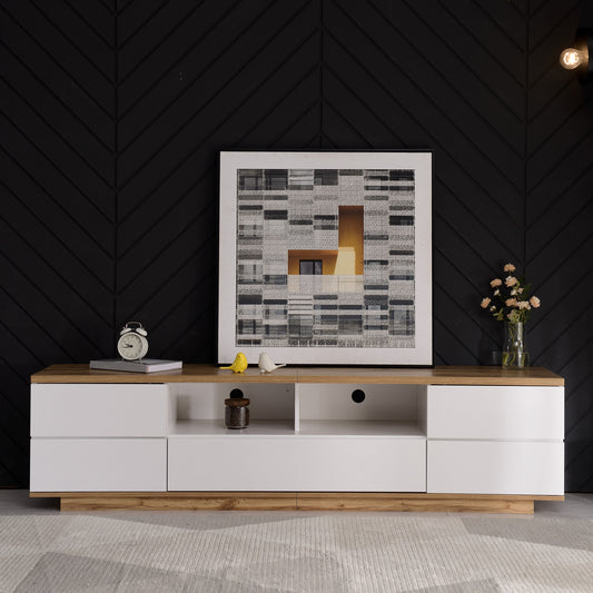 Gigab2b original image - Moderner Farbblock-TV-Schrank in weißer Ausführung, TV-Schrank mit Holzmaserung, 180 cm