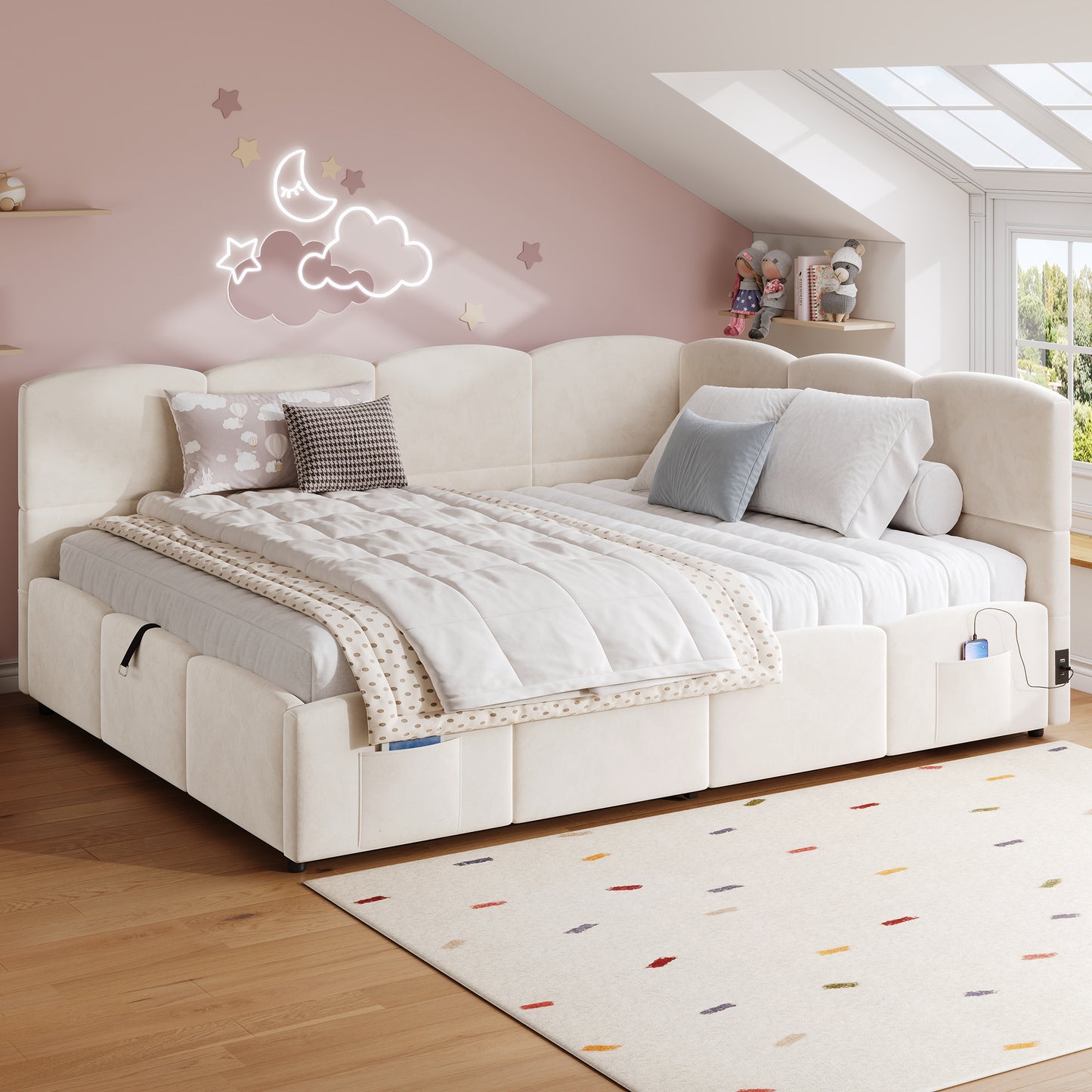 Polsterbett,Kinderbett, Daybett, Stauraumbett, Schlafsofa 140x190 cm, mit Lattenrost, USB-Ladegerät, Stautasche, Jugendbett und Erwachsenen-Kinderbett,Samt, beige (ohne Matratze)