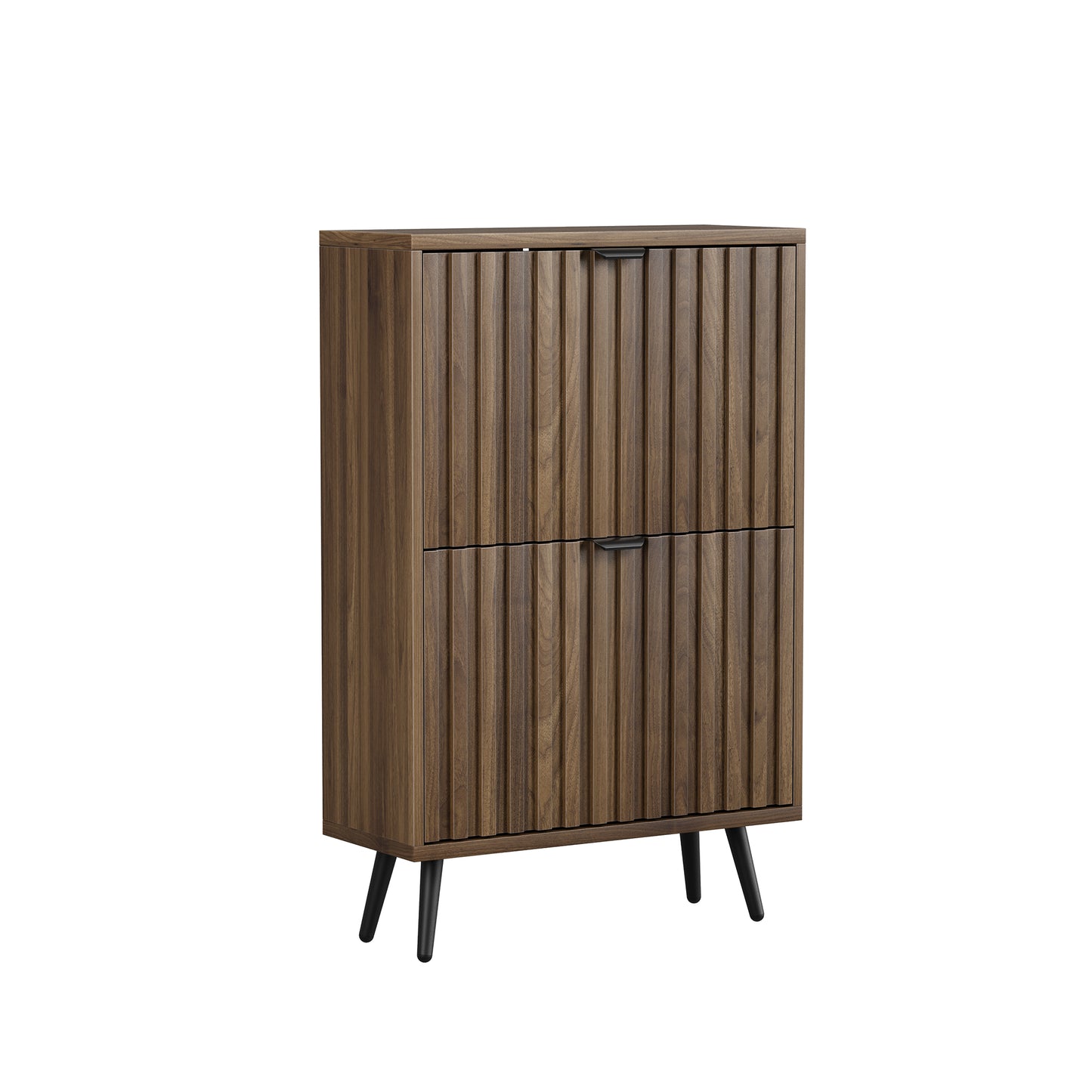 60 cm Schuhschrank aus Walnussholz – Freistehende Schuhaufbewahrung im Mid-Century-Modern-Stil mit zwei Klappfächern und gerilltem Design – Ideal für Flure und Eingangsbereiche
