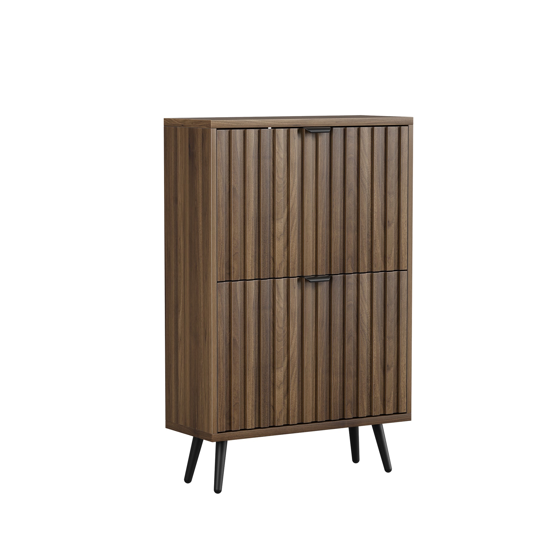 60 cm Schuhschrank aus Walnussholz – Freistehende Schuhaufbewahrung im Mid-Century-Modern-Stil mit zwei Klappfächern und gerilltem Design – Ideal für Flure und Eingangsbereiche