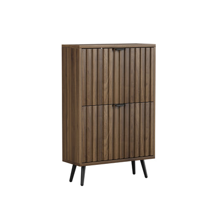 60 cm Schuhschrank aus Walnussholz – Freistehende Schuhaufbewahrung im Mid-Century-Modern-Stil mit zwei Klappfächern und gerilltem Design – Ideal für Flure und Eingangsbereiche