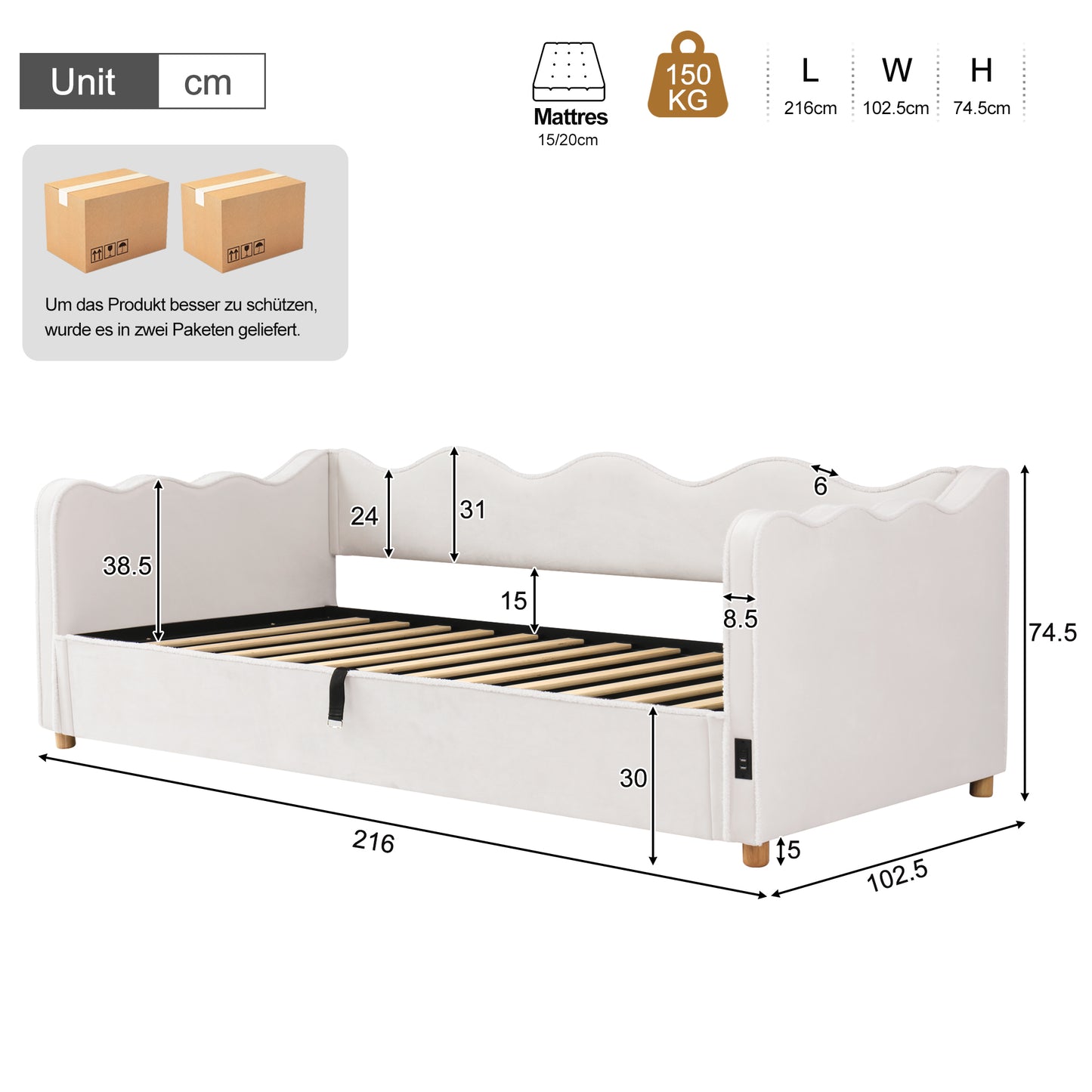 Daybett 90x200 cm mit hydraulischem Stauraum, Polsterbett, Tagesbett, Schlafsofa mit USB & Rückenlehne, samt, beige
