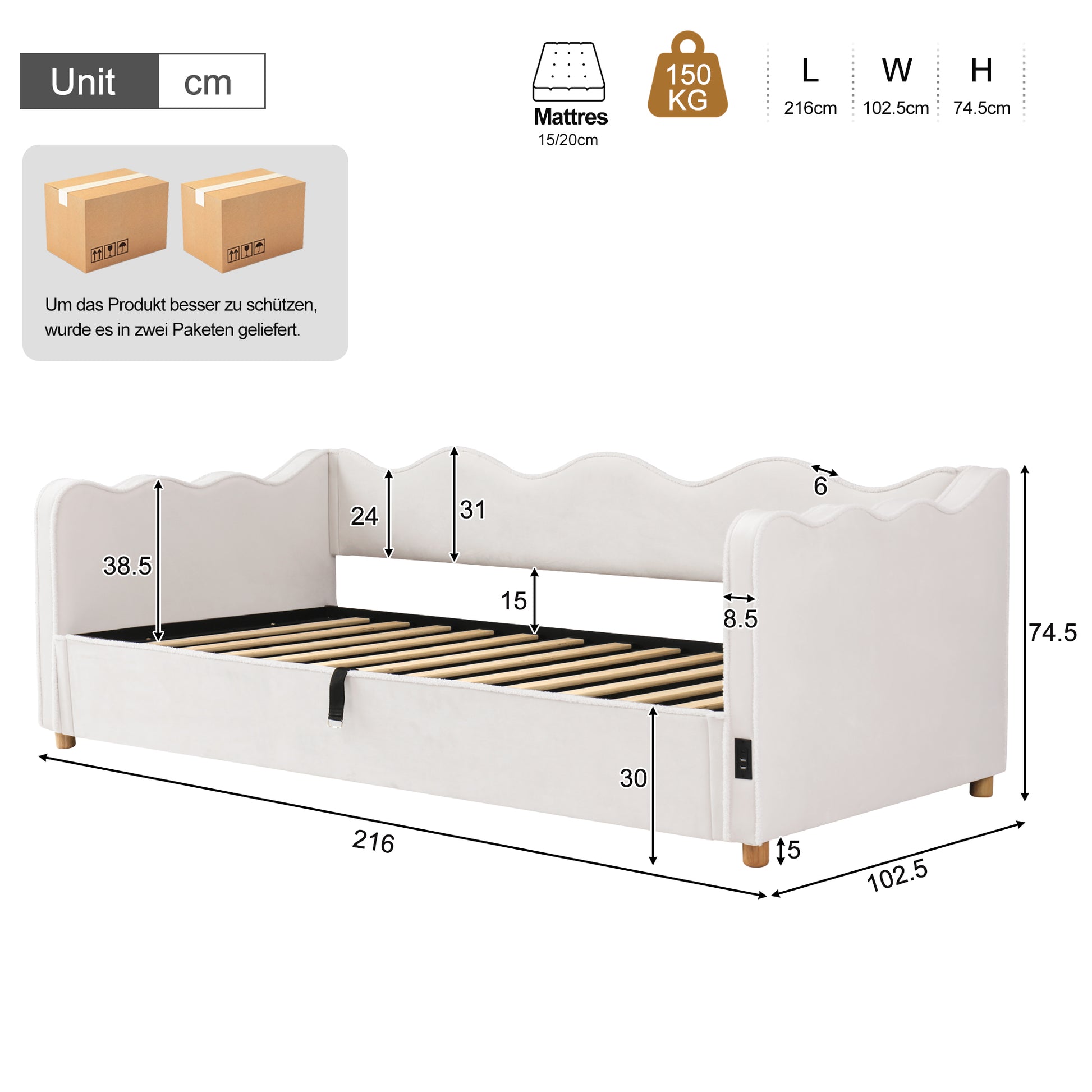 Daybett 90x200 cm mit hydraulischem Stauraum, Polsterbett, Tagesbett, Schlafsofa mit USB & Rückenlehne, samt, beige