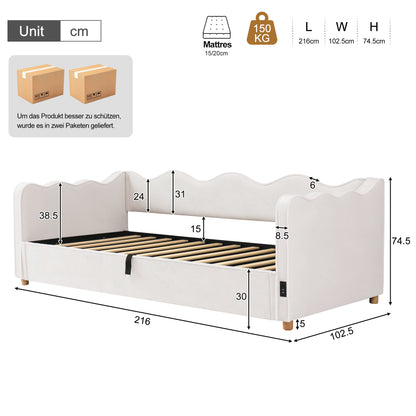 Daybett 90x200 cm mit hydraulischem Stauraum, Polsterbett, Tagesbett, Schlafsofa mit USB & Rückenlehne, samt, beige