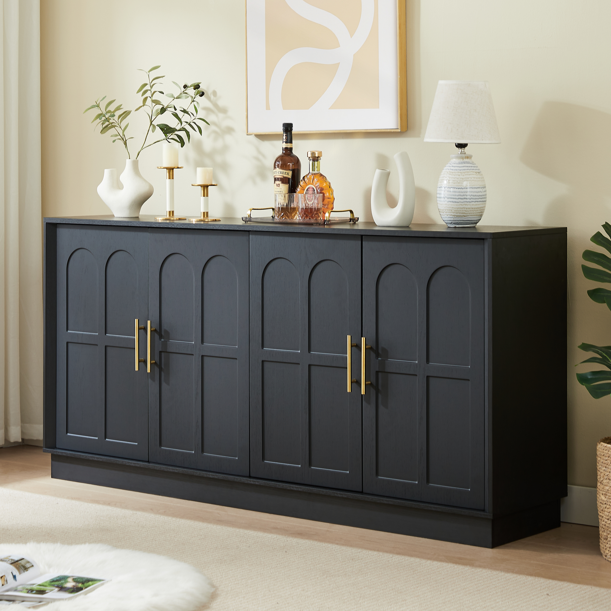 Gigab2b original image - Extra großes Sideboard mit Stauraum, moderne Vitrine mit gewölbter Front, 169 cm langer TV-Schrank, geeignet für Wohnzimmer/Küche/Esszimmer/Flur, schwarz,169*40*80cm