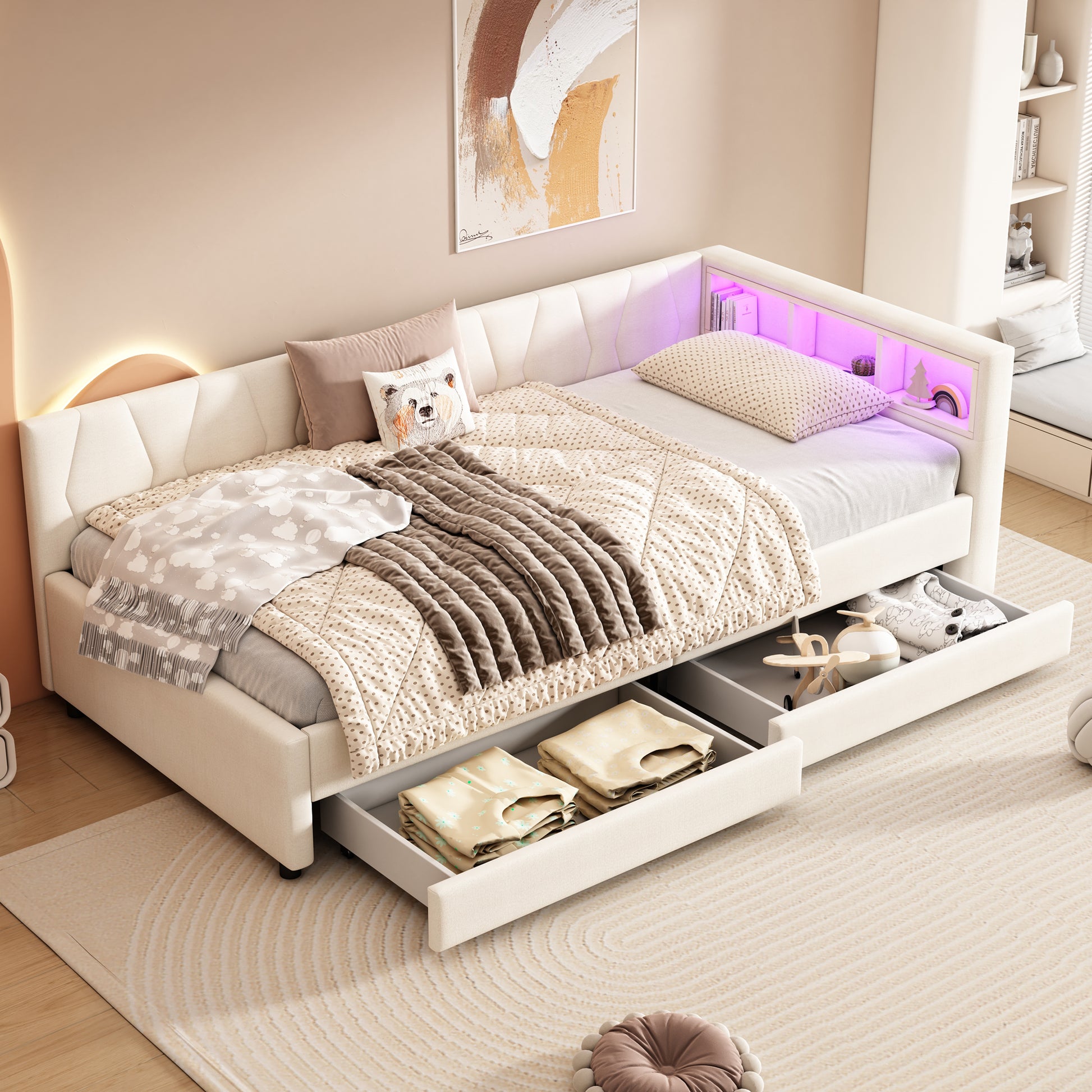 Daybett, 90*200cm, Tagesbett, Schlafsofa, Ablagefach am Bett, USB+Typ C, LED-Lichtleiste , Bett mit zwei Schubladen, Bett mit Lattenrost (ohne Matratze), Leinen, Beige