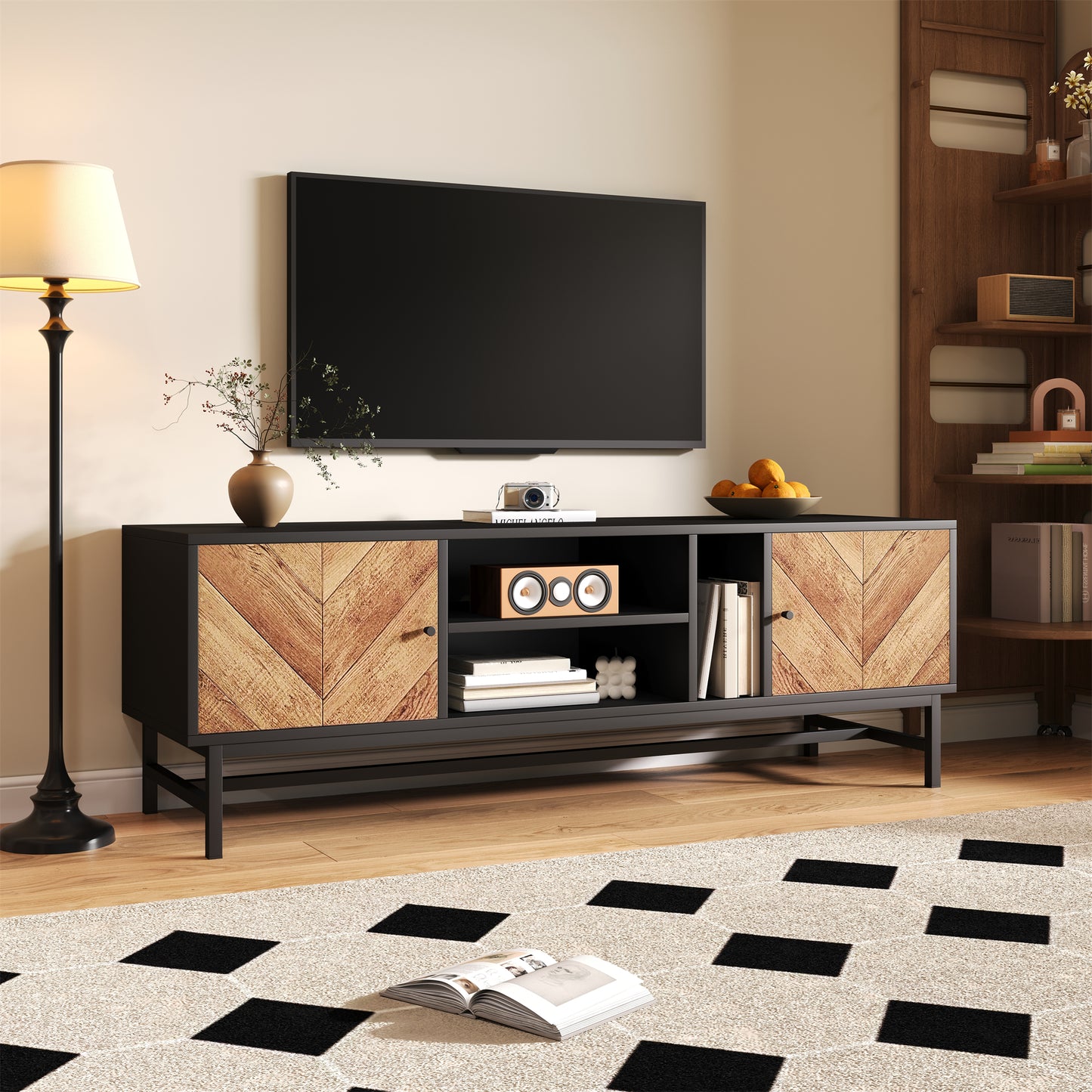 150 cm TV-Schrank – Schwarz-Holz-Kontrastdesign mit vielseitigem Stauraum, inkl. Schränken, horizontalen und vertikalen Fächern, modernes und minimalistisches Design
