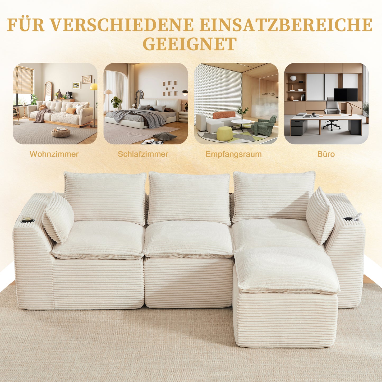 Modulares 3-Sitzer-Sofa + Fußhocker, inklusive Kissen, Getränkehalter und 2 Seitentaschen. Mit einer Füllung aus Schaumstoff und Federkern. Ideal für Wohnzimmer und ähnliche Räume (beiger Cordstoff)