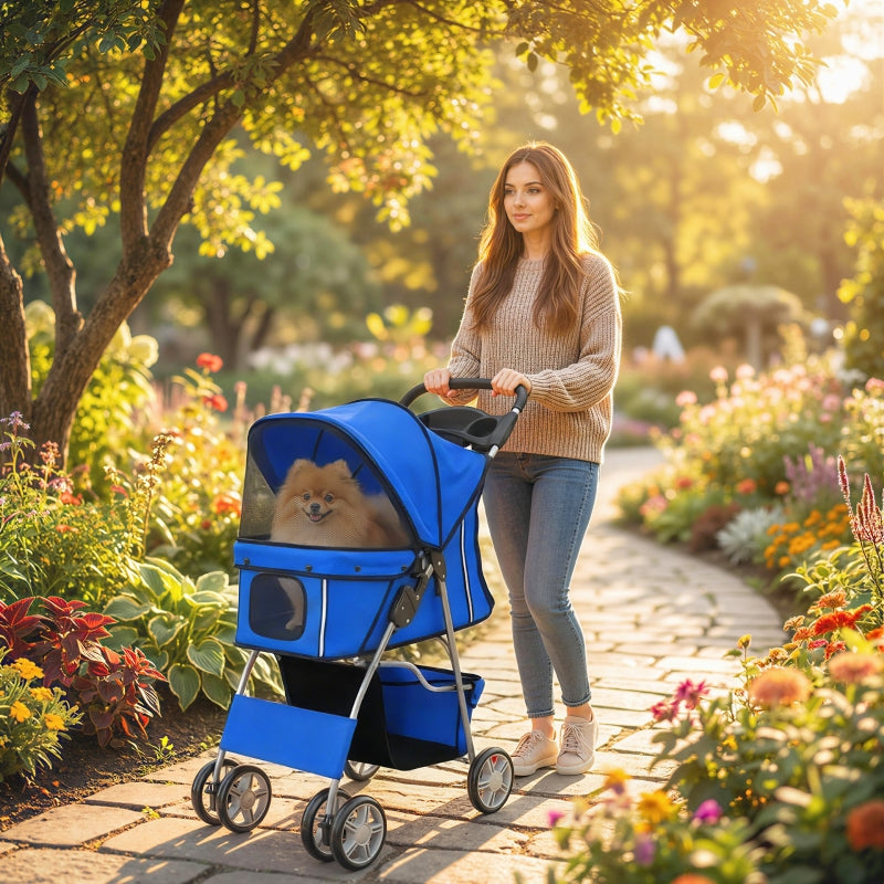 Foldable Blue Pet Stroller with Rain Cover and Reflectors