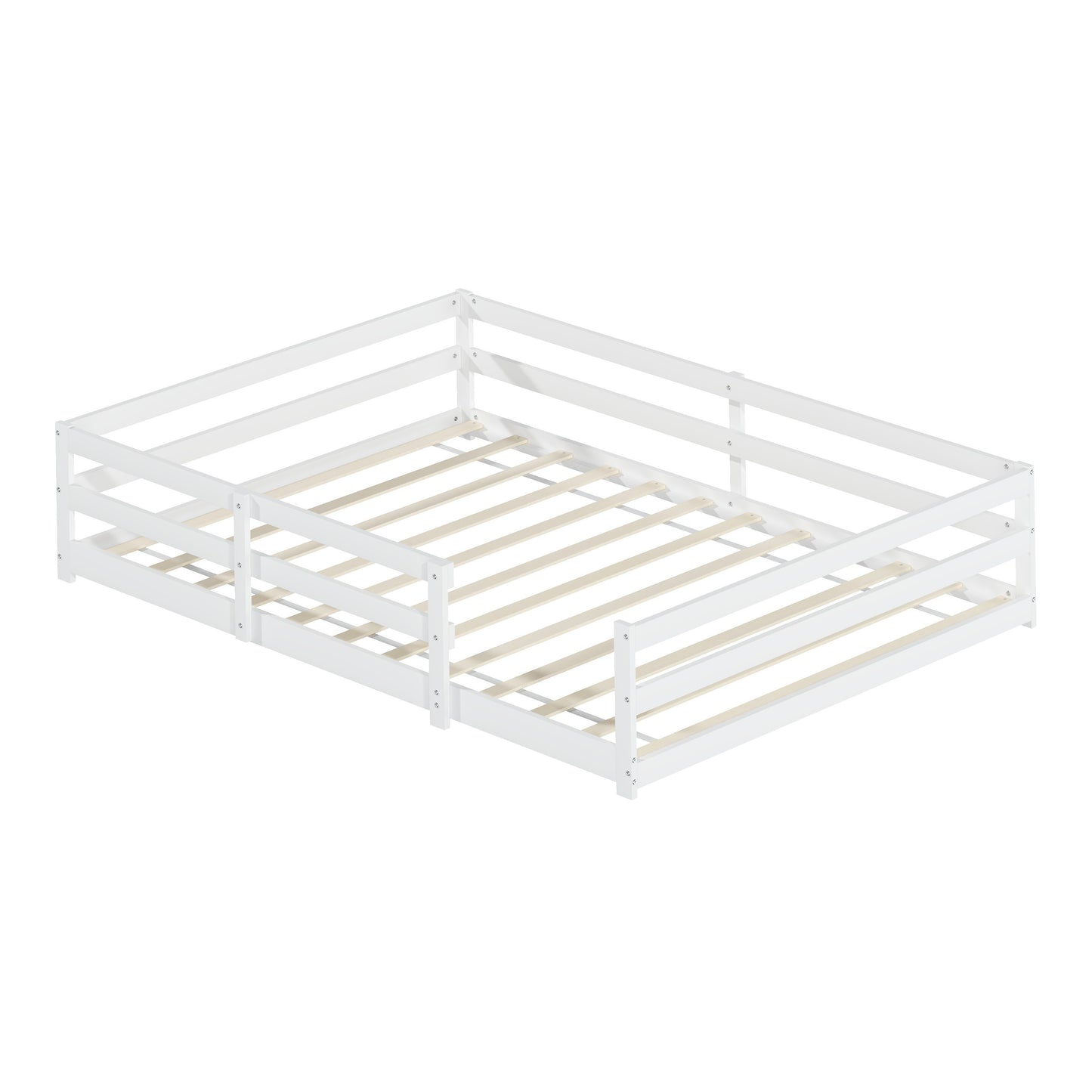 Montessori Bodenbett mit 4-Seiten-Gitter – Vollflächig, kein Lattenrost benötigt, Kiefernholz, einfach aufzubauen (140x200 cm, weiß)