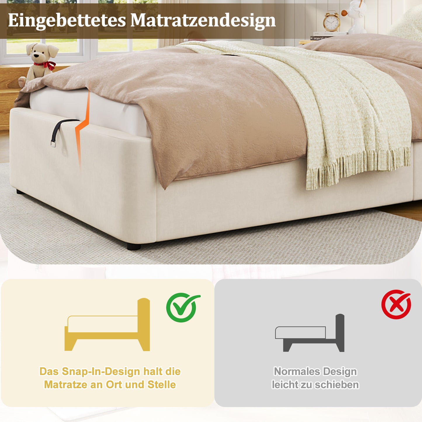 Polsterbett,Einzelbett, Kinderbett 90 x 190cm, hydraulisches Funktionsbett, Bett mit Lattenrost, Kopfteil und großem Stauraum, gepolstertes Kopfteil, Samt, beige
