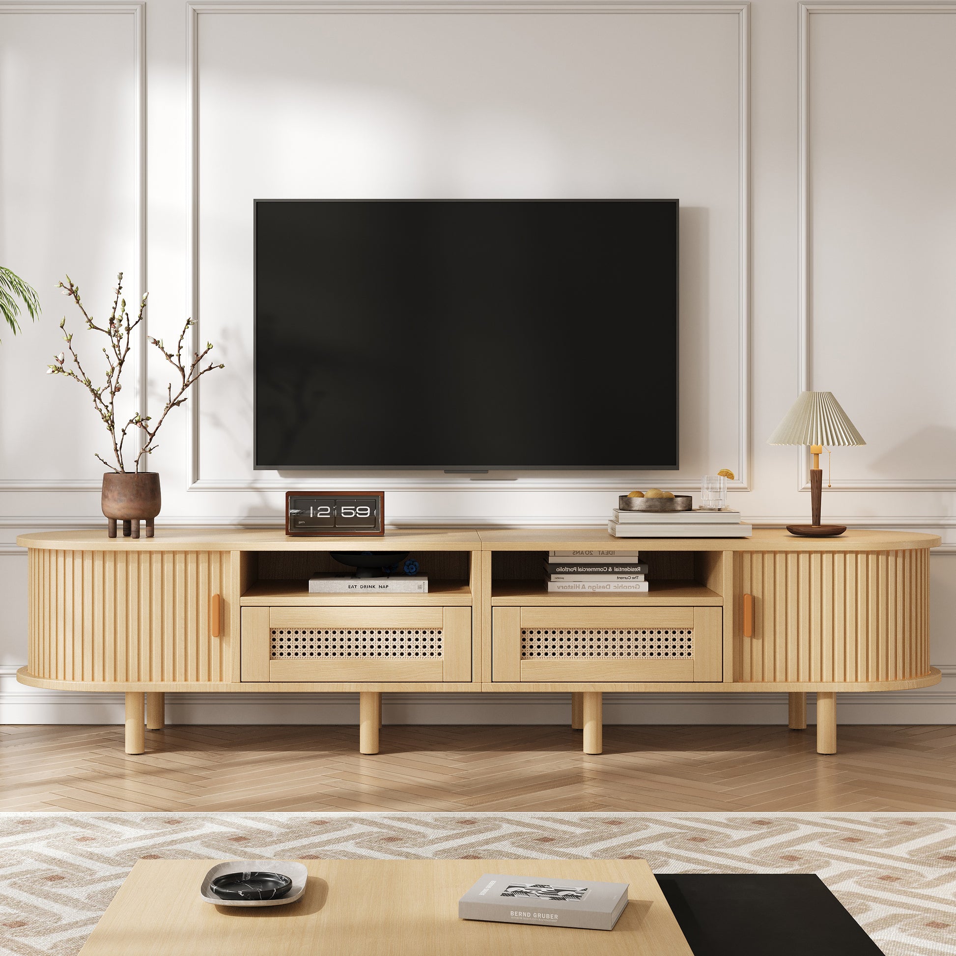 170*40*40cm Ovaler TV-Ständer und Fernsehtisch,TV-Schrank mit 2 Rattan Design Schubladen,2 Schiebetür,Lowboard und Fernsehtisch bis zu 70 Zoll,TV-Board und TV-Kommode,Holzfarbe