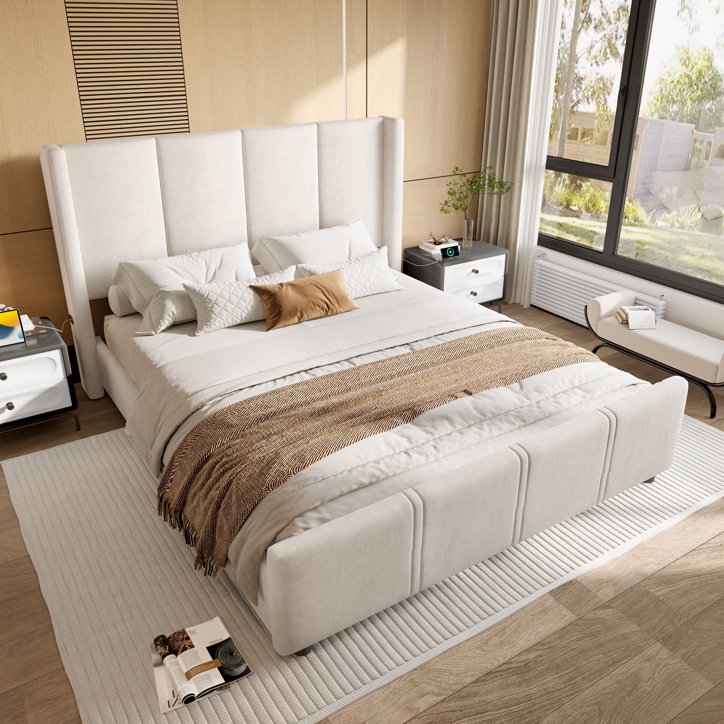 160 x 200 cm Stilvoller, moderner Polsterbettrahmen, hohes Kopf- und Fußteil, zertifizierter USB-Anschluss, Eisenrahmen und Holzkombination, stabil und langlebig, Beige