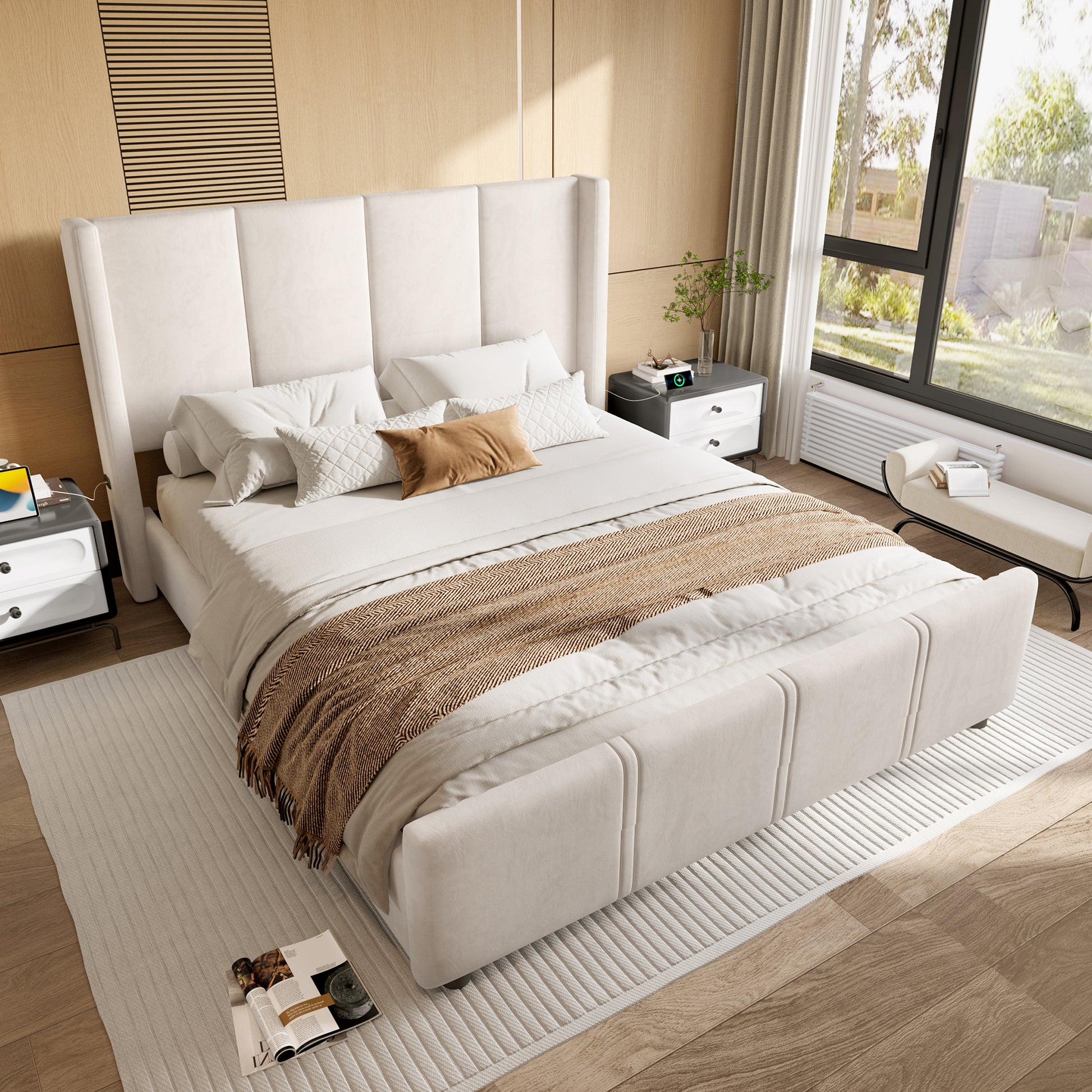 160 x 200 cm Stilvoller, moderner Polsterbettrahmen, hohes Kopf- und Fußteil, zertifizierter USB-Anschluss, Eisenrahmen und Holzkombination, stabil und langlebig, Beige