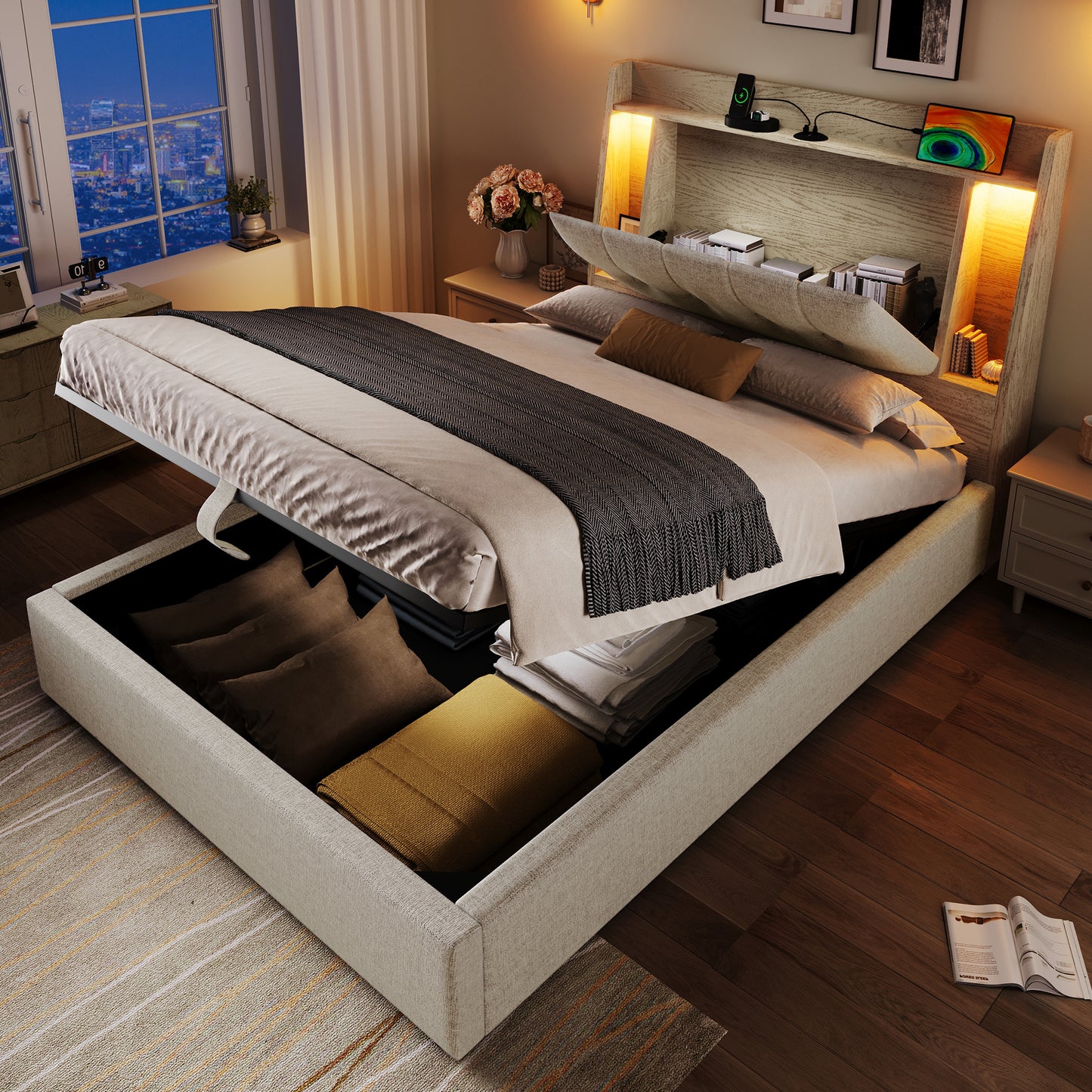 Gigab2b original image - Polsterbett , 90x200 cm, Mit USB Typ-C Ladefunktion,Ohne Matratze,Flip-Top-Aufbewahrungsfach, Multifunktionale Aufbewahrung, LED-Beleuchtung, Drucktaste/Appdienung,Leinen, Beige