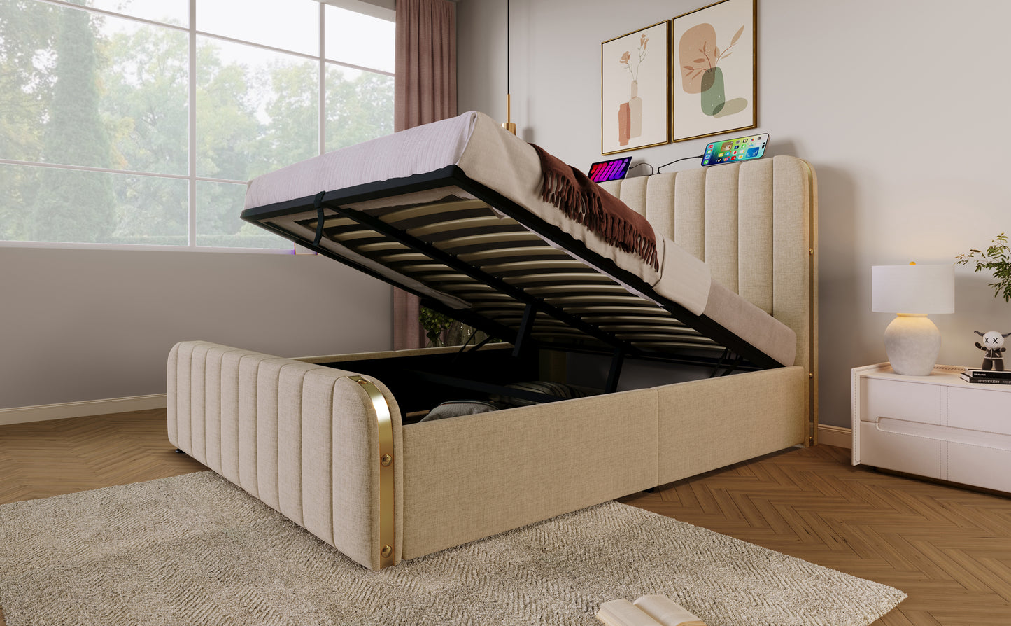 Polsterbett Doppeltes, gepolstertes Kopfteil mit goldenen Zierstreifen und ,USB Typ-C Ladefunktion 140*190 cm, Beige Leinen-Material Hydraulisches Lagerbett,Belastbarkeit 181 kg (Ohne Matratze)