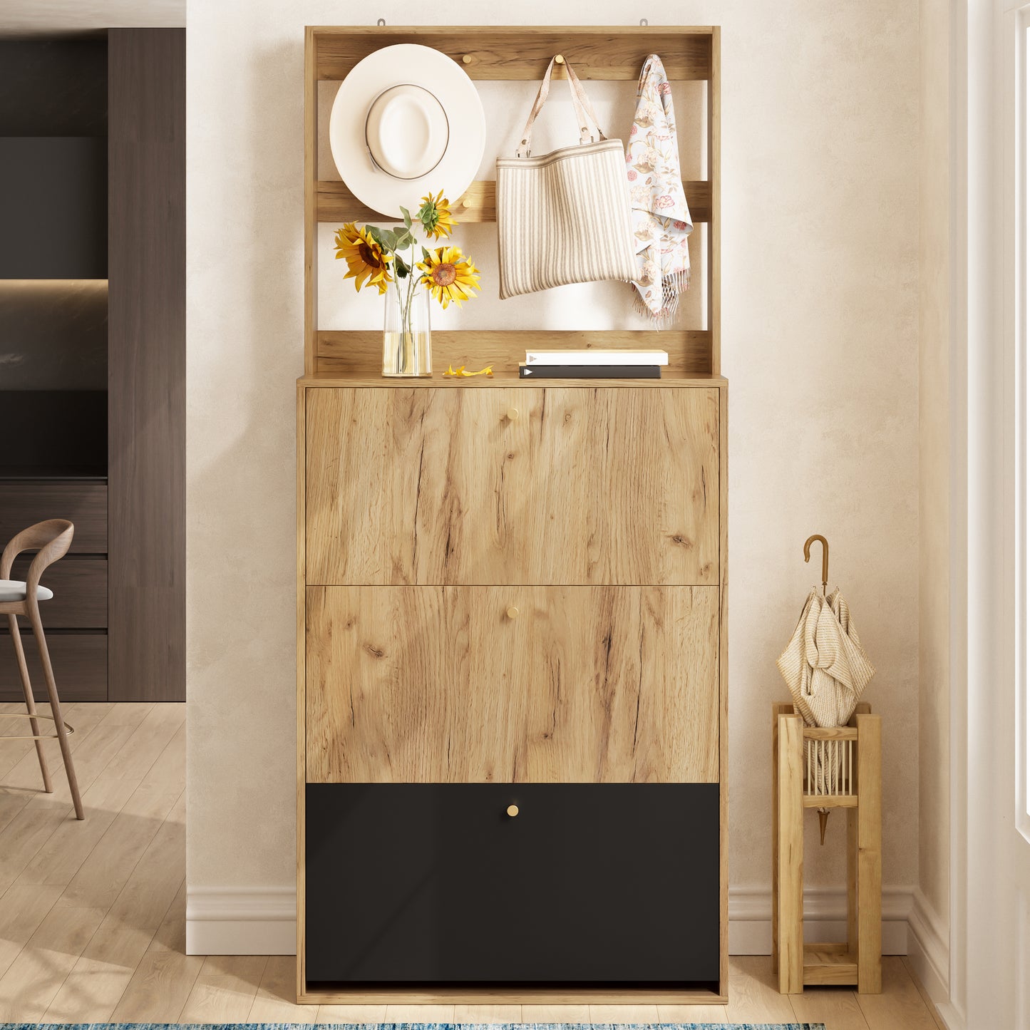Modern Foldable Shoe Cabinet with Hooks for Hallway Storage