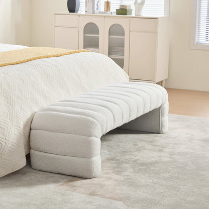 Moderner armlehnloser Chenille-Polsterbettbank mit Rillenpolsterung, Chaiselongue & Hocker für Wohnzimmer, Schlafzimmer, Eingangsbereich,Ivory
