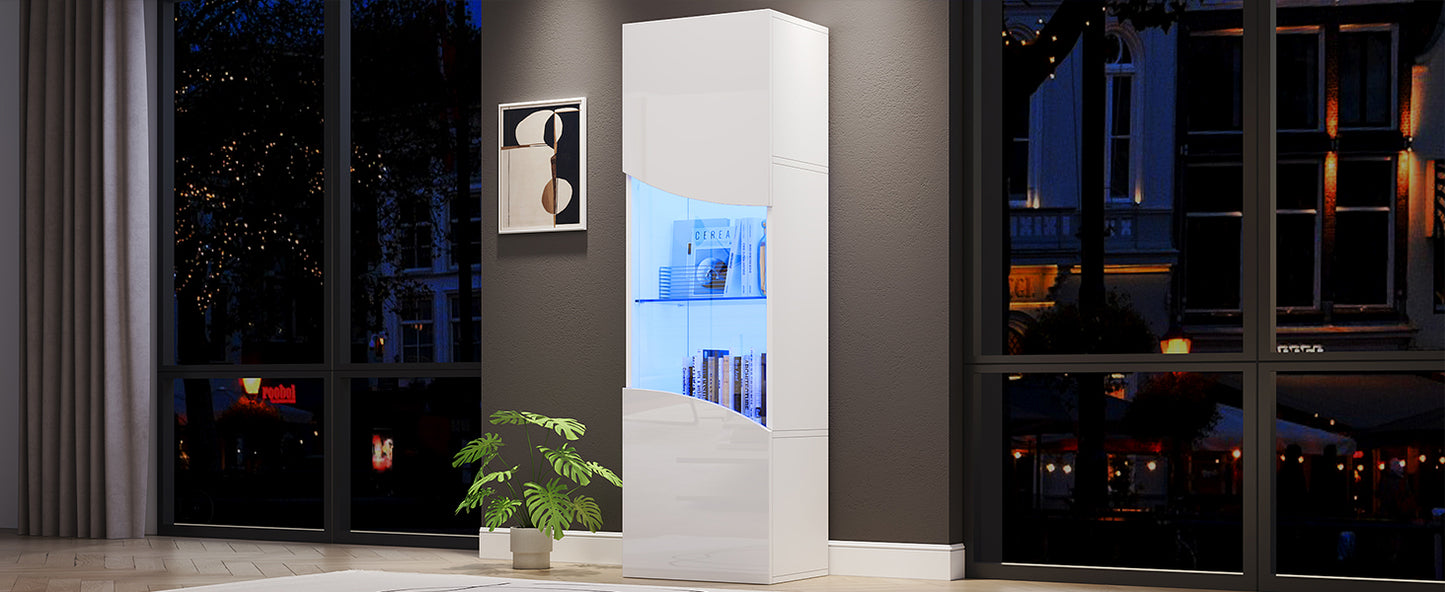 35*50*165cm Wohnzimmer-Vitrinenschrank,Hochglänzender Vitrinenschrank (Schranktüren), hoher Schrank mit großem Stauraum und LED-Beleuchtung.konkav bogenförmige Wellenoberflächengestaltung,Weiß