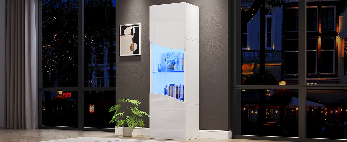 35*50*165cm Wohnzimmer-Vitrinenschrank,Hochglänzender Vitrinenschrank (Schranktüren), hoher Schrank mit großem Stauraum und LED-Beleuchtung.konkav bogenförmige Wellenoberflächengestaltung,Weiß