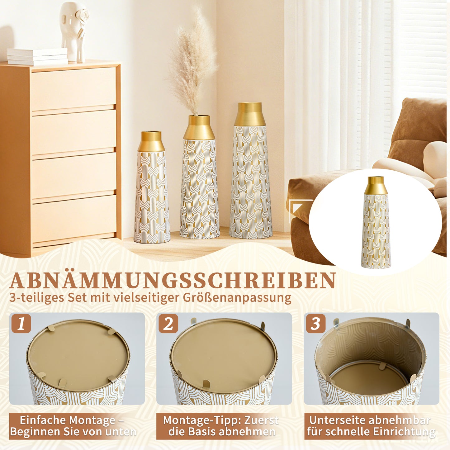3-Piece Modern Geometric Gold Metal Vase Set