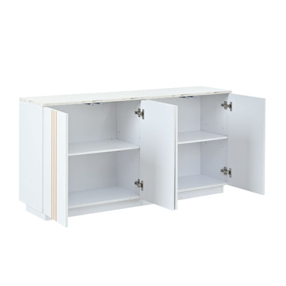 Wohnzimmer-Sideboard, Aufbewahrungsschrank mit 4 Türen, 35 x 140 x 70 cm.Design mit vergoldeten Linien,Spind mit verstellbaren Trennwänden,Kabinett,Geeignet für Wohnzimmer und Schlafzimmer,Weiß + Gold