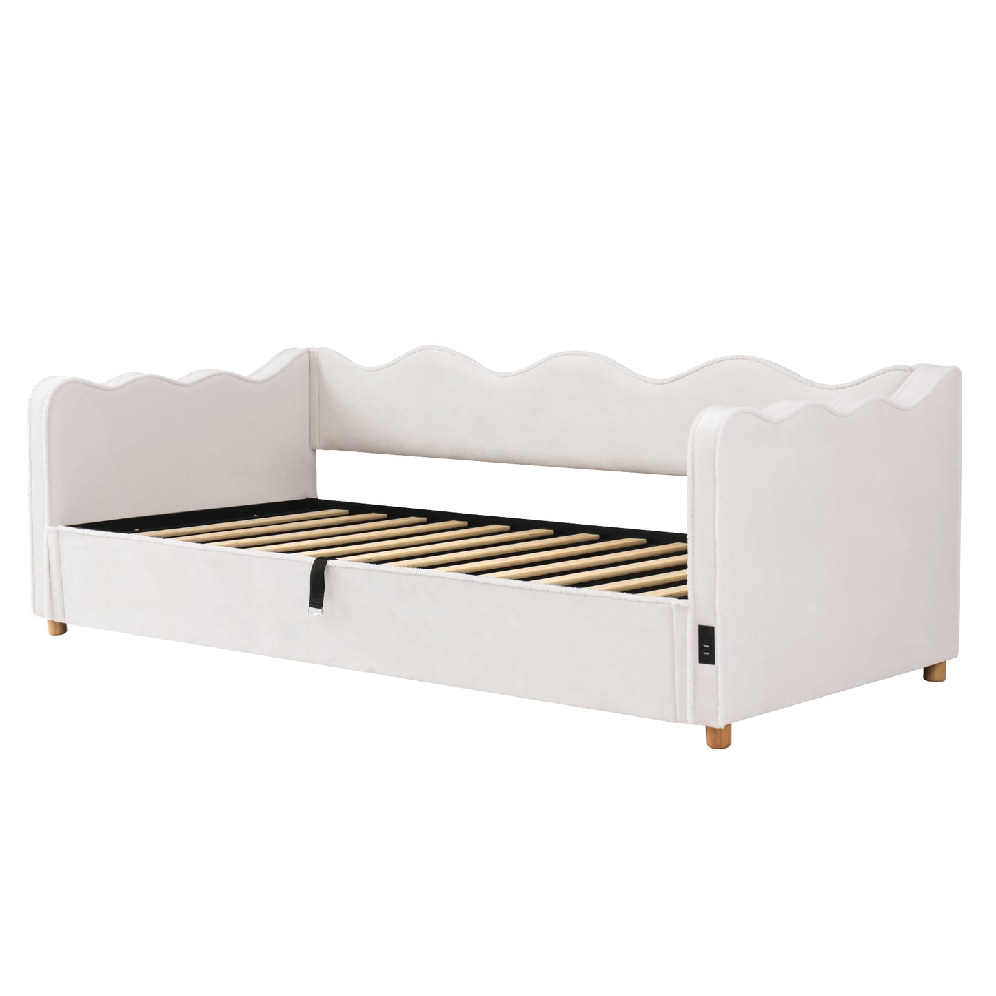 Daybett 90x200 cm mit hydraulischem Stauraum, Polsterbett, Tagesbett, Schlafsofa mit USB & Rückenlehne, samt, beige