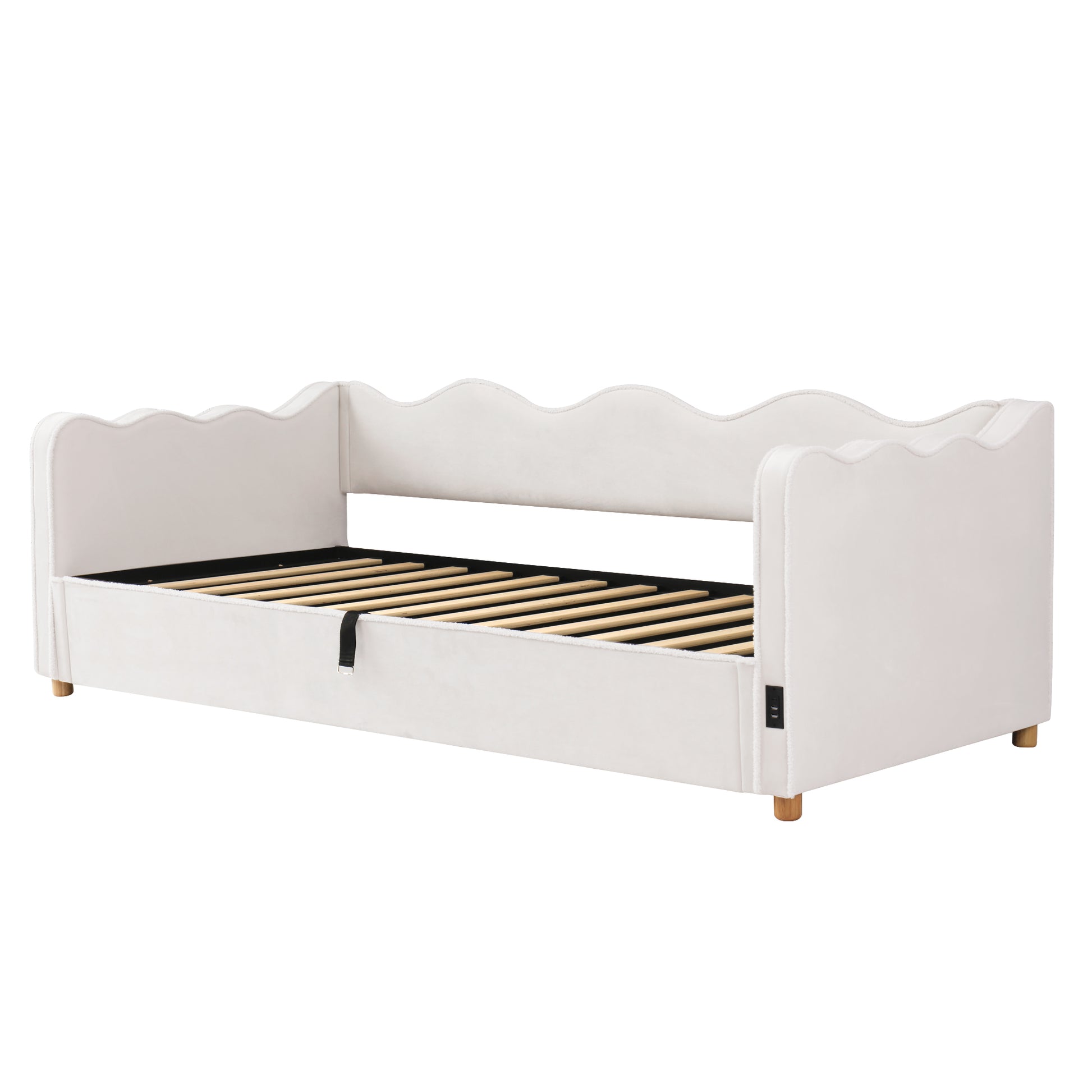 Daybett 90x200 cm mit hydraulischem Stauraum, Polsterbett, Tagesbett, Schlafsofa mit USB & Rückenlehne, samt, beige