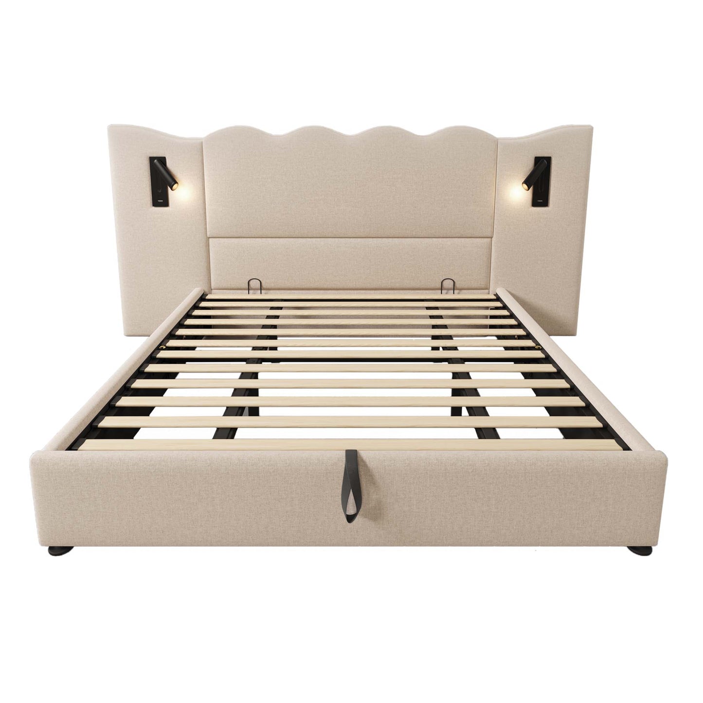 (=AB30748123B)Polsterbett Doppelbett 180×200 mit Leselampe und USB Type-C Ladefunktion, Stauraumbett Bettgestell mit Lattenrost aus Massivholz und Metall, Beige, Leinen (Ohne Matratze)