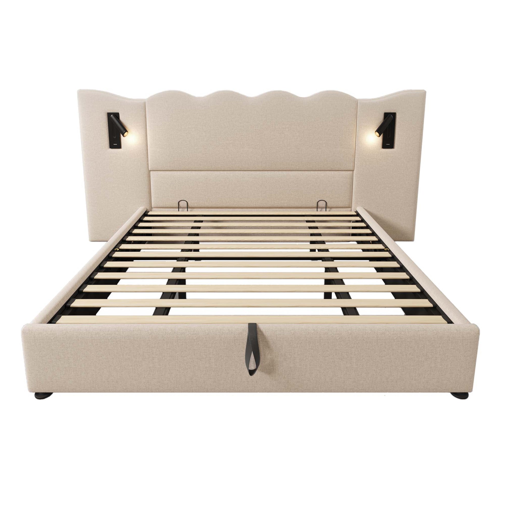 (=AB30748123B)Polsterbett Doppelbett 180×200 mit Leselampe und USB Type-C Ladefunktion, Stauraumbett Bettgestell mit Lattenrost aus Massivholz und Metall, Beige, Leinen (Ohne Matratze)