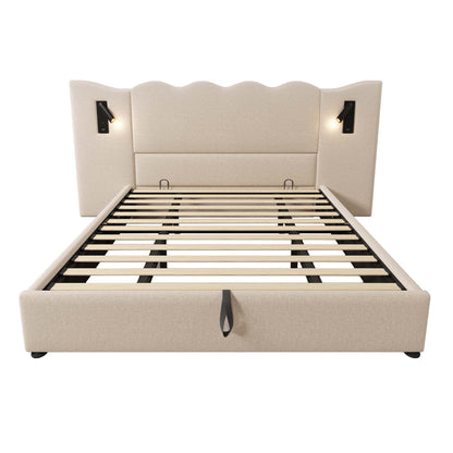 (=AB30748123B)Polsterbett Doppelbett 180×200 mit Leselampe und USB Type-C Ladefunktion, Stauraumbett Bettgestell mit Lattenrost aus Massivholz und Metall, Beige, Leinen (Ohne Matratze)