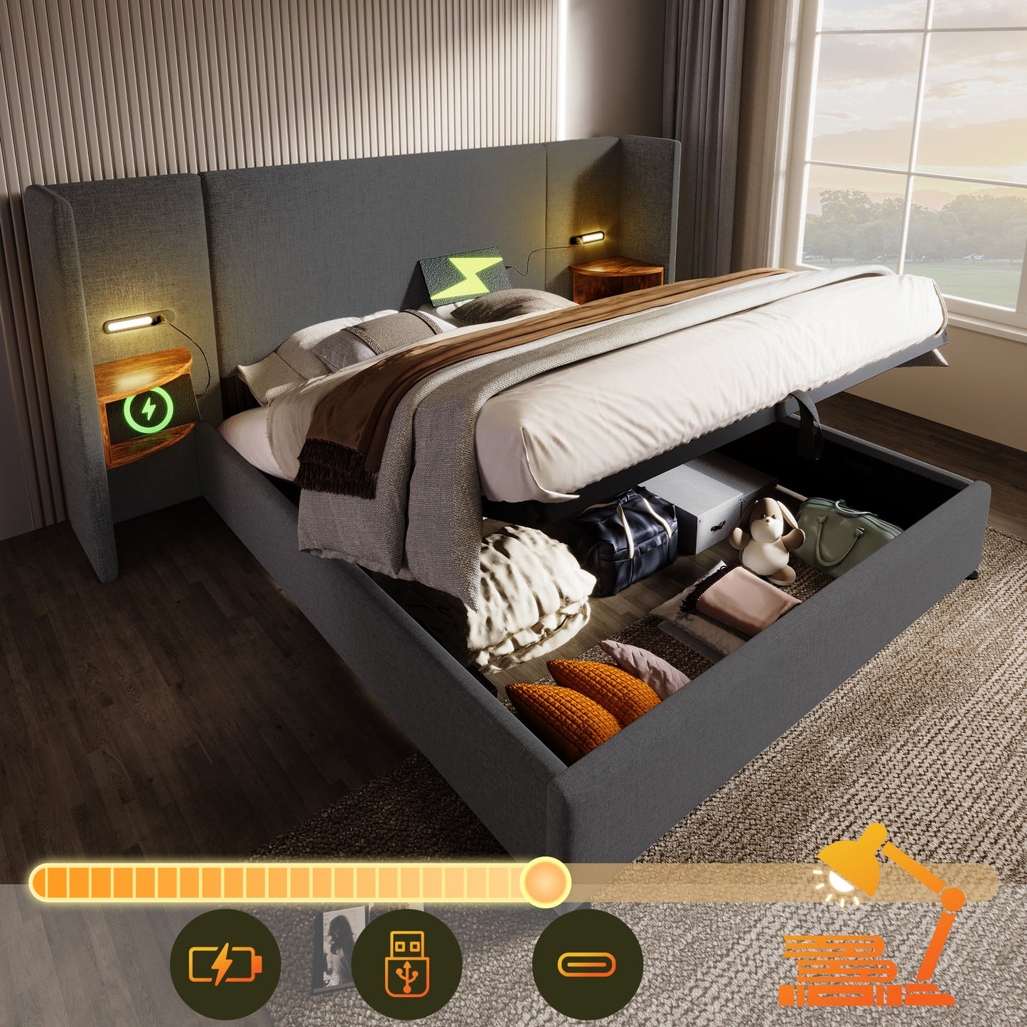 Gigab2b original image - Polsterbett Doppelbett 160×200 mit Nachttisch, Leselampe und USB Type-C Ladefunktion, Bettanlage Stauraumbett Bettgestell mit Lattenrost aus Massivholz und Metall, Grau, Leinen(Ohne Matratze)