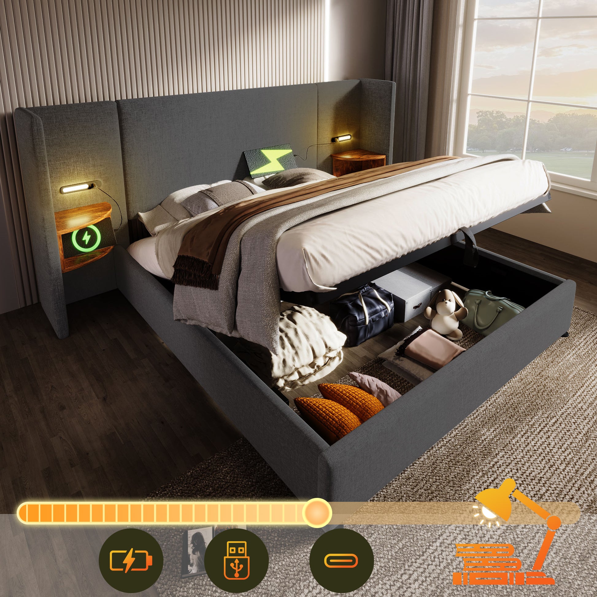 Gigab2b original image - Polsterbett Doppelbett 160×200 mit Nachttisch, Leselampe und USB Type-C Ladefunktion, Bettanlage Stauraumbett Bettgestell mit Lattenrost aus Massivholz und Metall, Grau, Leinen(Ohne Matratze)