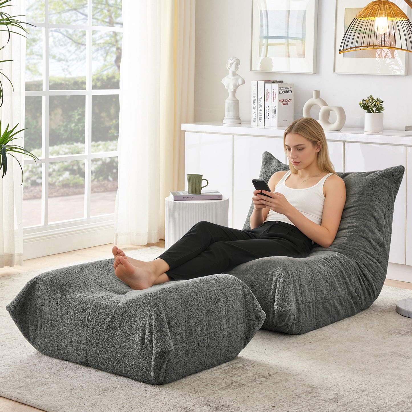 Gigab2b original image - Lazy Sofa mit Rückenlehne und Fußhocker, Relaxsessel, Weicher Teddyfell-Bohnensack-Bodenlesesessel, Bequemer Einzel-Bodensofa für Wohnzimmer, Schlafzimmer, Arbeitszimmer, Apartment, Gray