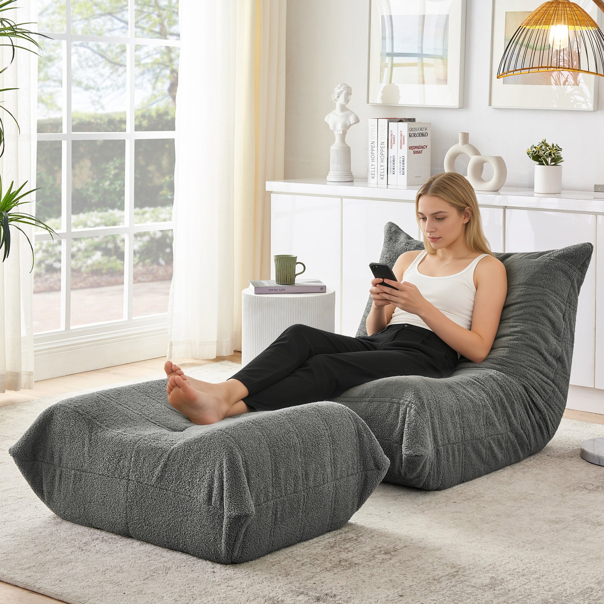 Gigab2b original image - Lazy Sofa mit Rückenlehne und Fußhocker, Relaxsessel, Weicher Teddyfell-Bohnensack-Bodenlesesessel, Bequemer Einzel-Bodensofa für Wohnzimmer, Schlafzimmer, Arbeitszimmer, Apartment, Gray
