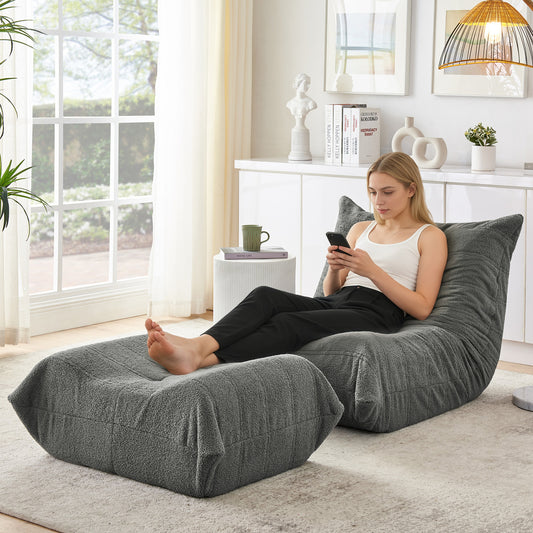 Gigab2b original image - Lazy Sofa mit Rückenlehne und Fußhocker, Relaxsessel, Weicher Teddyfell-Bohnensack-Bodenlesesessel, Bequemer Einzel-Bodensofa für Wohnzimmer, Schlafzimmer, Arbeitszimmer, Apartment, Gray
