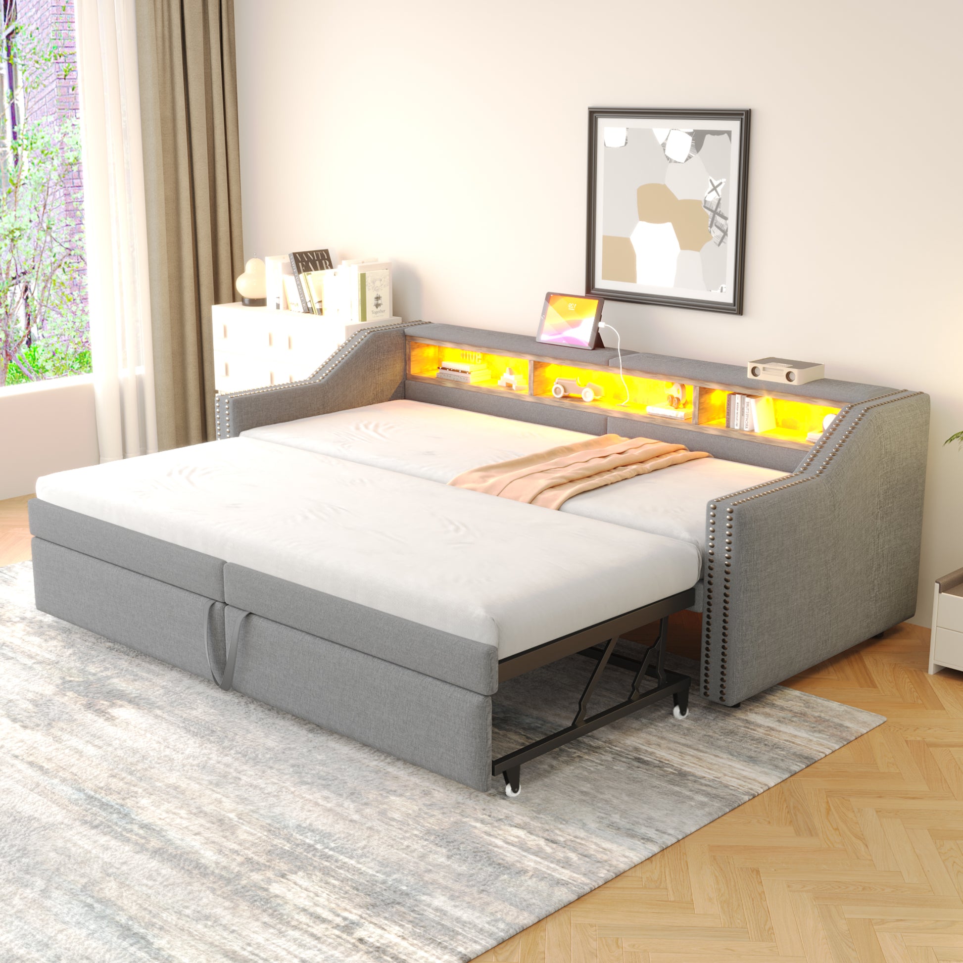 Gigab2b original image - Polsterbett Ausziehbares Schlafsofa 90/180 x 200 cm, Multifunktionales Staufach, LED-Licht und USB-Buchse, mit Lattenrost, Hellgrau