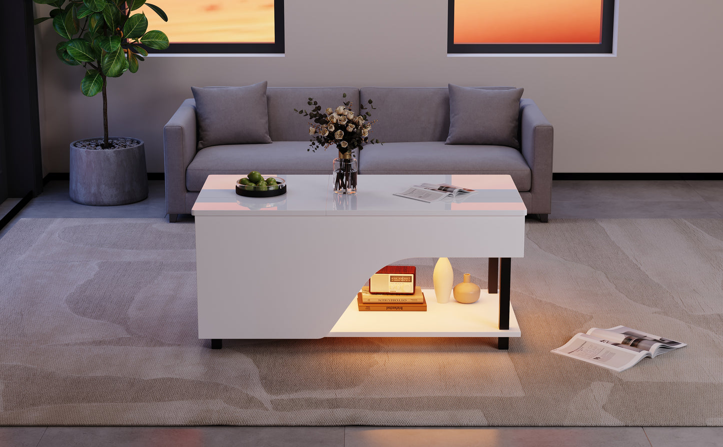 50 x 100 x 46 cm höhenverstellbarer Wohnzimmer-Couchtisch,Beistelltisch mit verstecktem Stauraum,Durchbrochener kaffetisch,Hochglänzender LED-Sofatisch,Teetisch mit seitlicher Ablage,Weiß