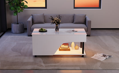50 x 100 x 46 cm höhenverstellbarer Wohnzimmer-Couchtisch,Beistelltisch mit verstecktem Stauraum,Durchbrochener kaffetisch,Hochglänzender LED-Sofatisch,Teetisch mit seitlicher Ablage,Weiß