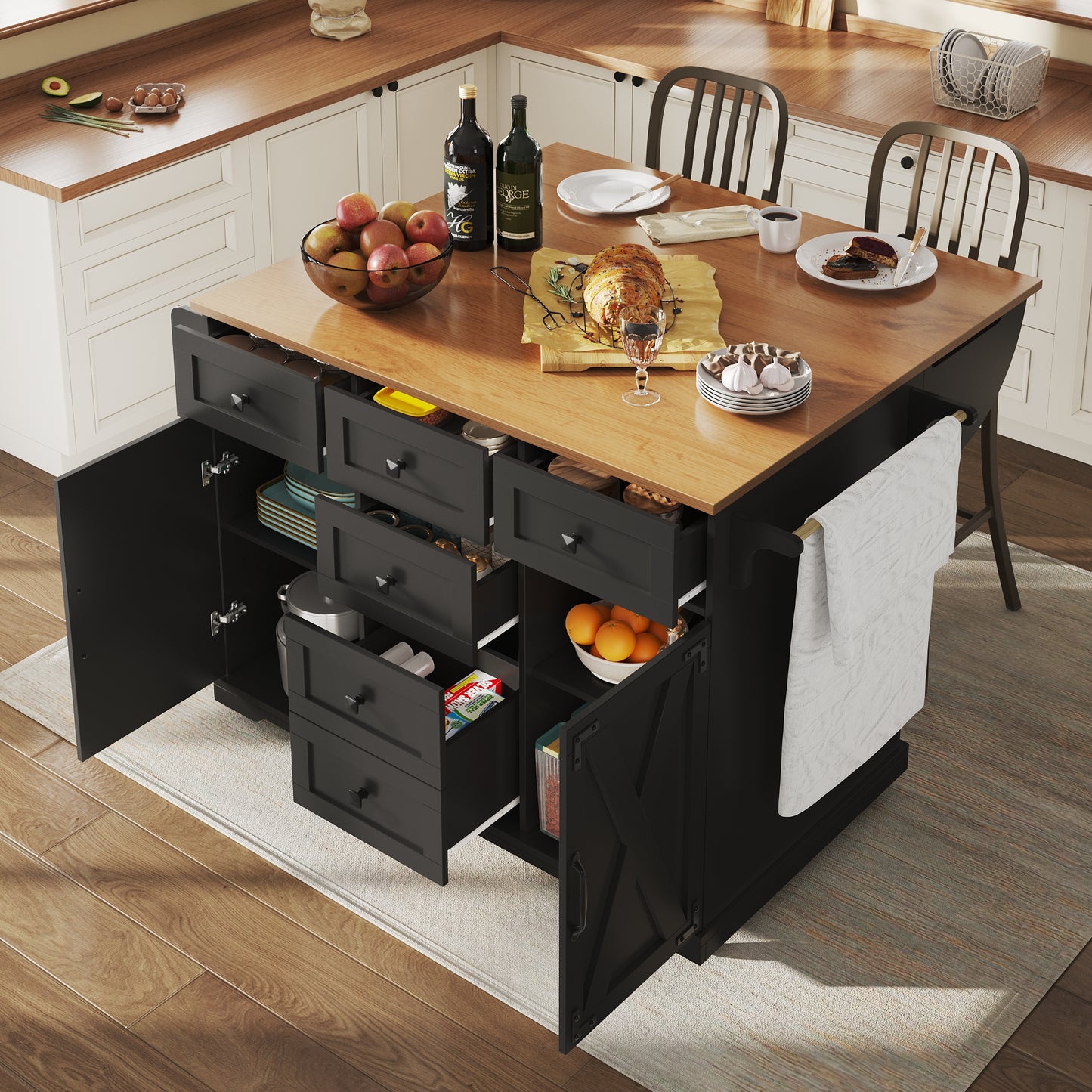 Gigab2b original image - Hochwertige Kücheninsel, Multifunktionaler Servierwagen mit Holzmaserung & großem Stauraum, Mobiler Buffetschrank, Küchenwagen für Esszimmer,Wohnzimmer,Küche, schwarz