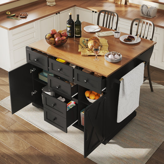 Gigab2b original image - Hochwertige Kücheninsel, Multifunktionaler Servierwagen mit Holzmaserung & großem Stauraum, Mobiler Buffetschrank, Küchenwagen für Esszimmer,Wohnzimmer,Küche, schwarz