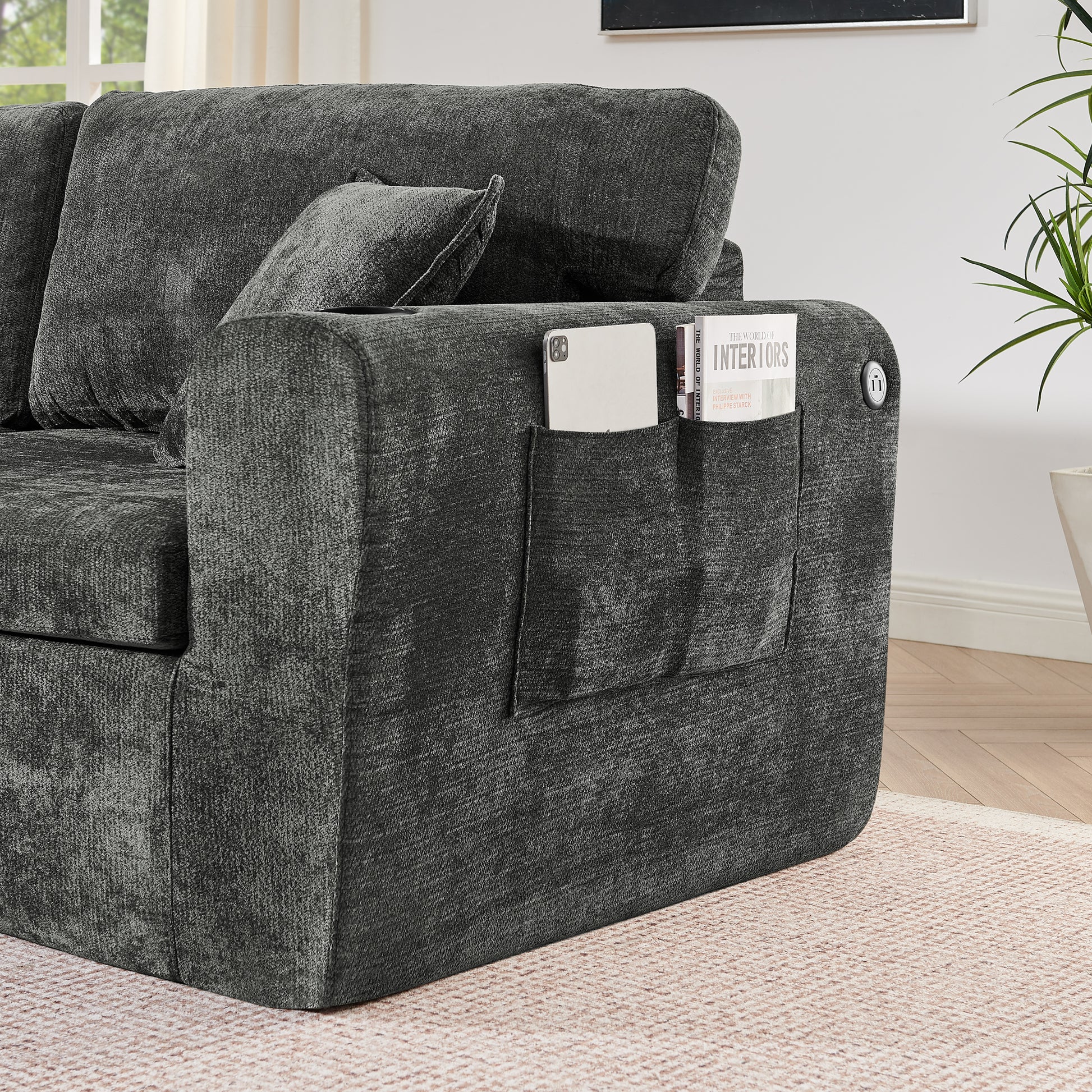 2-Sitzer-Relaxsofa für kleine Räume,aus weichem Chenille-Stoff,ausgestattet mit seitlicher Magazintasche,Getränkehalter und Kissen,geeignet für Wohnzimmer,Arbeitszimmer,Gästezimmer und Wohnungen,Black