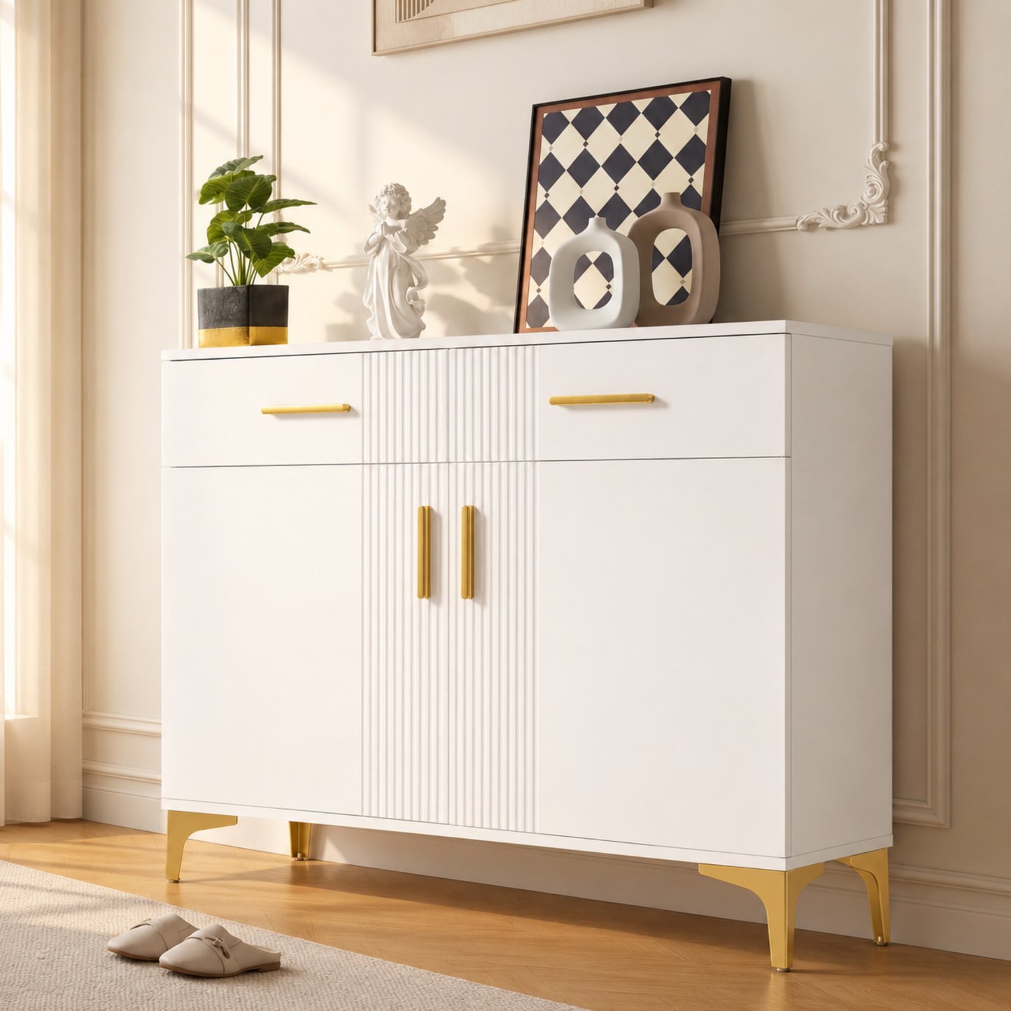 Gigab2b original image - Moderne Sideboard-Kommode mit 2 Türen und 2 Schubladen – Aufbewahrungsschrank mit Metallgriffen und Metallfüßen für Wohnzimmer, Flur oder Esszimmer. Maße: 80 cm (B) × 35 cm (T) × 79.5 cm (H).