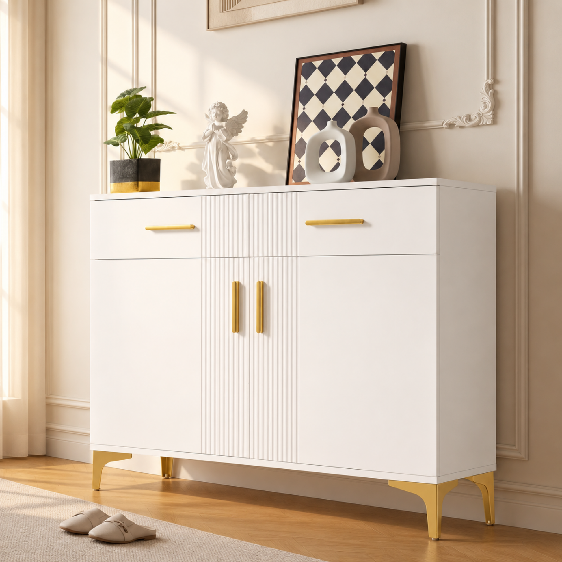 Gigab2b original image - Moderne Sideboard-Kommode mit 2 Türen und 2 Schubladen – Aufbewahrungsschrank mit Metallgriffen und Metallfüßen für Wohnzimmer, Flur oder Esszimmer. Maße: 80 cm (B) × 35 cm (T) × 79.5 cm (H).