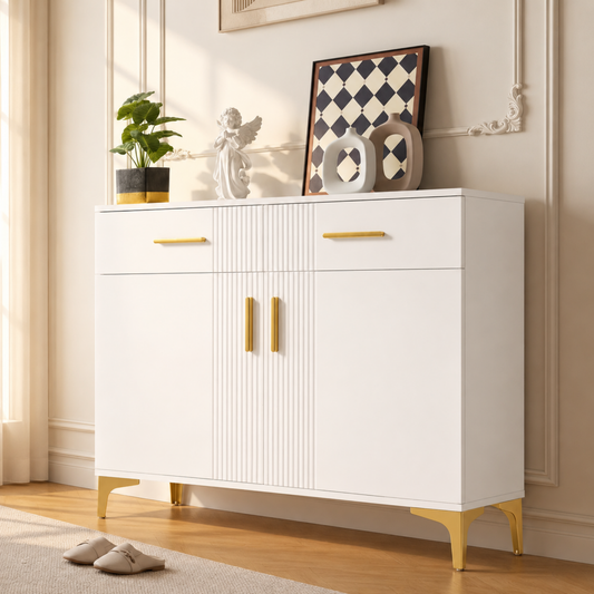 Gigab2b original image - Moderne Sideboard-Kommode mit 2 Türen und 2 Schubladen – Aufbewahrungsschrank mit Metallgriffen und Metallfüßen für Wohnzimmer, Flur oder Esszimmer. Maße: 80 cm (B) × 35 cm (T) × 79.5 cm (H).